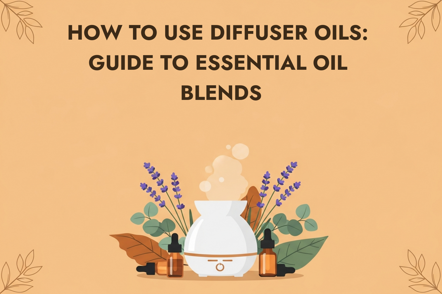 Essential oil diffuser with amber bottles and lavender on marble surface