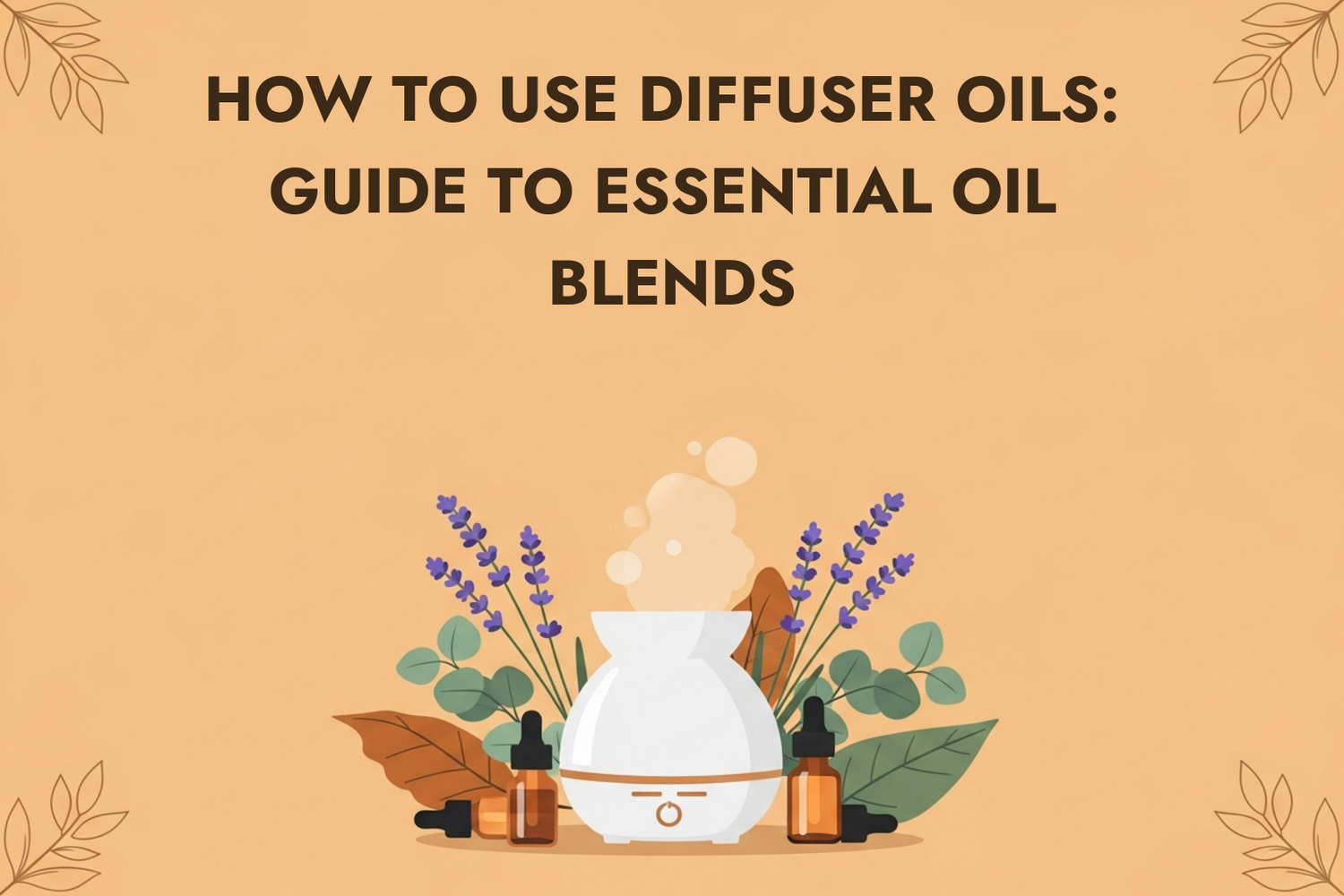 Essential oil diffuser with amber bottles and lavender on marble surface