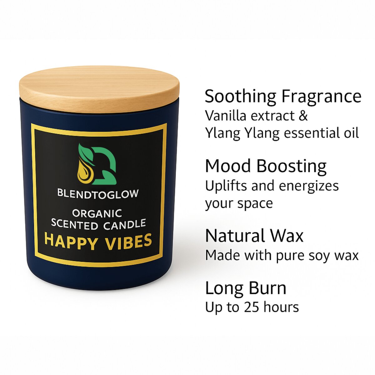 Happy Vibes aromatherapy candle burning with warm vanilla scent