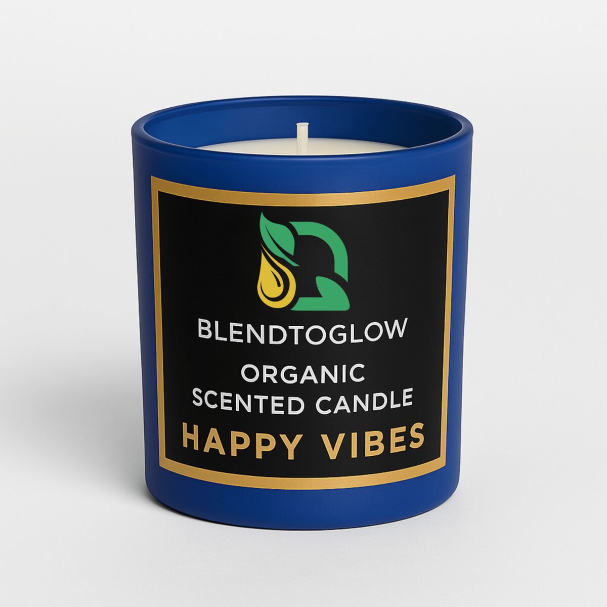 BlendToGlow Happy Vibes candle showing natural soy wax